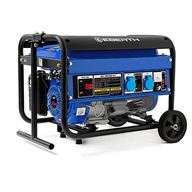 EBERTH 3000 Watt Notstromaggregat Stromerzeuger Stromaggregat mit Fahrwerk, 6,5 PS Benzinmotor, 4-Takt, 1-Phase, 2x 230V, 1x 12V, automatischer Voltregler AVR, Ölmangelsicherung, Tankanzeige
