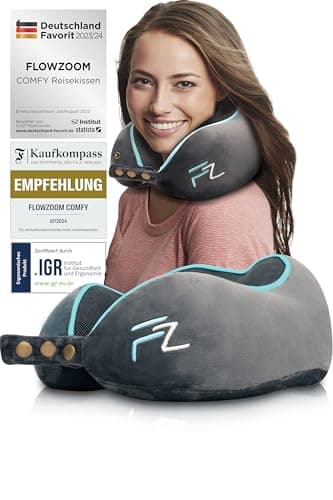FLOWZOOM Comfy Nackenkissen Flugzeug & Auto - Einstellbares Memory Foam Reisekissen mit flexiblen Druckknöpfen für 360° Stütze, atmungsaktiver weicher Bezug - inkl. Transportbeutel - Grau
