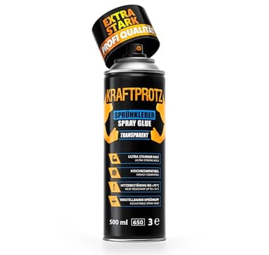 Sprühkleber extra stark 500 ml – für Schaumstoff, Filz, Leder, Holz, Gummi & Akustikpaneele – ideal für Dachhimmel, Möbel, Modellbau, DIY & KFZ-Ausbau – transparent & hitzebeständig – KRAFTPROTZ