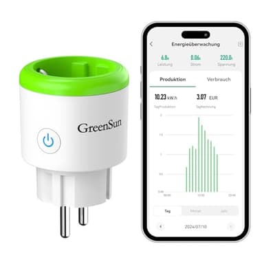 GreenSun Stromzähler für Steckdose - Stromzähler für Balkonkraftwerk WLAN Steckdose Bidirektionale Messung von Stromverbrauch & Erzeugung für Mini-PV, Zeitschaltuhr, Sprachsteuerung, 16A 2,4GHz