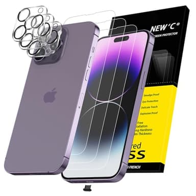 NEW'C 3x für iPhone 14 Pro Max für Panzerglas (6,7 Zoll) und 3x Kamera Panzer Schutz Glas Kameraschutz + Staubschutzstöpsel -kratzfest - extrem widerstandsfähig - 9H-Härteglas folie