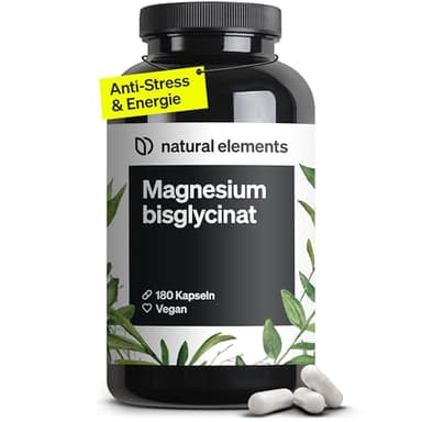 natural elements Magnesiumbisglycinat - Premium: Chelatiertes Magnesium - 180 Kapseln - 300mg elementares Magnesium pro Tagesdosis - Laborgeprüft, vegan, hochdosiert