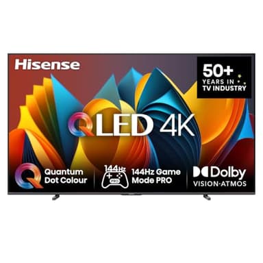 Hisense 100E7NQ 254 cm (100 Zoll) Fernseher, 4K UHD, QLED, HDR10, HDR10+ decoding, HLG, Dolby Vision Atmos, 144Hz VRR, Smooth Motion, Bluetooth, Alexa Built-in, VIDAA Voice, Schwarz [2025]