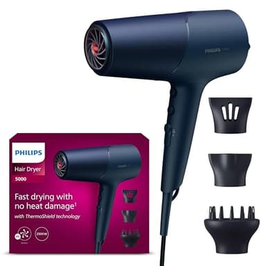 Philips Haartrockner 5000 Series, ThermoShield Technologie, Ionisierungsfunktion, 2.300 W, Metallic-Blau, mit 9-mm- und 11-mm-Stylingdüse, Volumendiffusor, BHD510/20