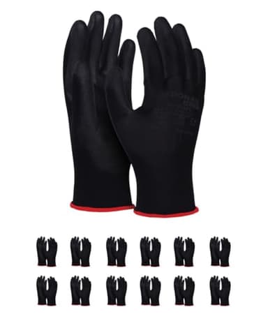 DONAU SAFETY Montagehandschuhe Handschuhe/Größe 08, 12 Paar/Kat. II/Schwarz/Handschuhe Arbeitshandschuhe aus Polyester/Polyurethan/Garten-, Builders, Mechaniker