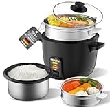 Reiskocher 2L, elektrischer Reiskocher Edelstahlschüssel mit Glasdeckel, Warmhaltefunktion |Dampfgarfunktion ，inkl Dämpfeinsatz, Löffel, Messbecher (schwarz A)