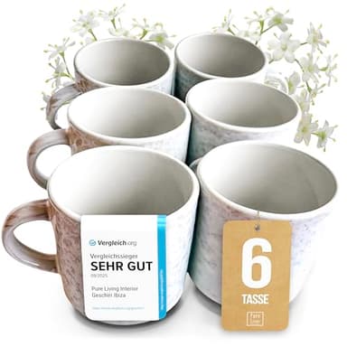 Steingut kleine Tassen 6 Pers. Ibiza Hochwertiges Mediterranes TEST SEHR GUT Tassen Set, Spülmaschinen-, Mikrowellen- und Kratzfest - Stylisches Tee- und Kaffeebecher Set - Pure Living in Beige