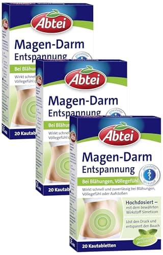 Abtei Magen Darm Entspannung - bei Blähungen, Völlegefühl und Aufstoßen - hochdosiert - mit Simeticon - Pfefferminzgeschmack - 1 x 20 Kautabletten (Packung mit 3)