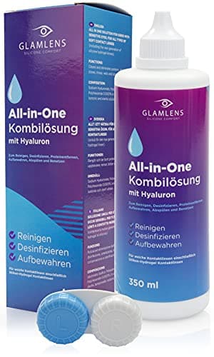 Glamlens Kontaktlinsen Flüssigkeit MIT HYALURON - 350ml Kontaktlinsenflüssigkeit ALL IN ONE Kombilösung Pflegemittel für weiche Linsen mit Behälter