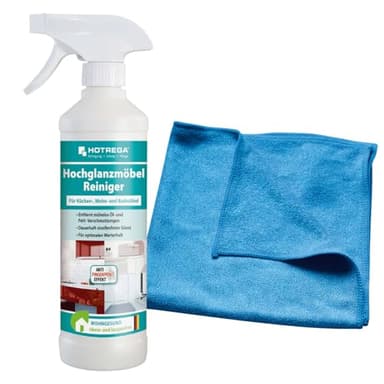 HOTREGA Küchenfronten-Reiniger Hochglanz 500 ml | Streifenfrei & pH-neutral | Für lackierte, foliert, glänzende Flächen | inkl. Microfasertuch