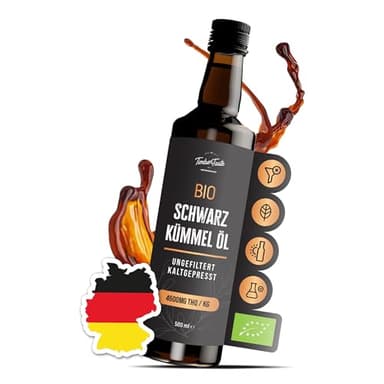 Schwarzkümmelöl Bio kaltgepresst ungefiltert 500ml Kümmelöl – Ägyptisches Black Seed Oil mit hohem Thymochinongehalt (4600 mg/1000 ml), keto & vegan aus deutscher Ölmanufaktur
