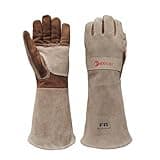 AOUCHI Grillhandschuhe und Schweißhandschuhe aus Rindsleder, langärmelig, feuerfeste und hitzebeständige Kaminhandschuhe für Grill, Schweißen Tig Mig, Kamin, Ofen, Backen, Herd, Topflappen (groß)