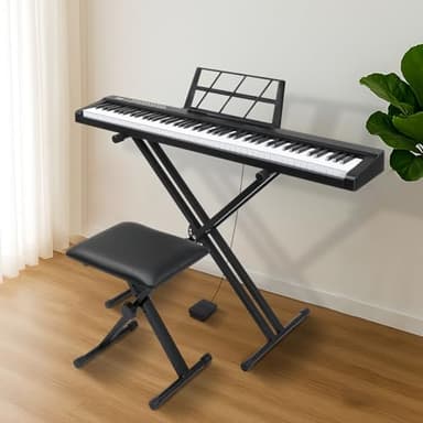 Bonnlo GPP-101 88 Tasten Halb-Gewichtetes Digitalpiano mit Dual-X-Form Ständer, Bluetooth (Audio & MIDI), Kopfhörer, Sustain Pedal und LED-Display, ideal für Anfänger und Fortgeschrittene, Schwarz