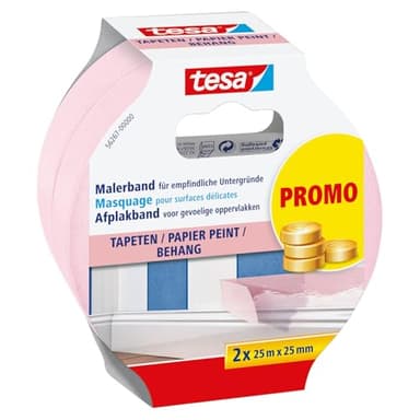 tesa Malerband TAPETEN – Dünnes Abdeckband für präzises Abkleben – geeignet für empfindlichen Oberflächen im Innenbereich – 2x 25 m x 25 mm