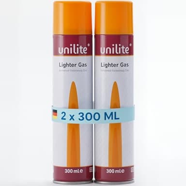 UNILITE® Feuerzeuggas 2 x 300ml mit 6 Adapter – Nachfüllgas für Gasfeuerzeug, Sturmfeuerzeug, Küchenbrenner & Stabfeuerzeug | Butangas Gaskartusche