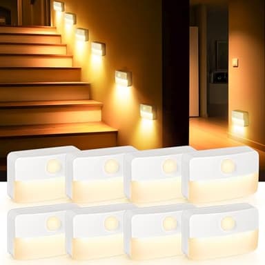8PCS LED Treppenbeleuchtung mit Bewegungsmelder - Innen Nachtlicht, Treppenlicht mit Motion Sensor Akku, Kleine Lampe Treppenstufenbeleuchtung mit Batterie, Night Light für Kinder, Trepp, Flur