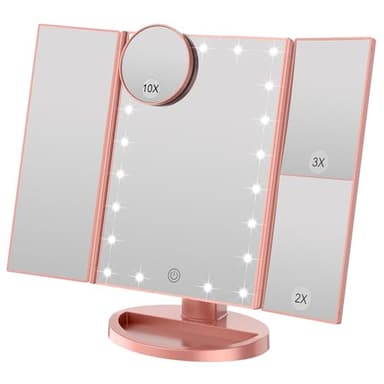 WEILY Schminkspiegel mit Beleuchtung, Faltbarer Kosmetikspiegel mit 3X/2X/1X Vergrößerung, 21 natürliche LED Lichter, Batteriebetrieben Order USB Aufladen dimmbarer Makeup Mirror (Rosengold)