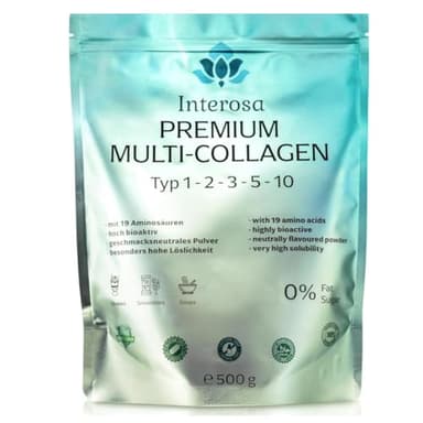 INTEROSA Collagen Pulver 500 g - Multi Kollagen Complex 5 Typen: 1, 2, 3, 5, 10 - hochwertige Eierschalenmembran Peptide - geschmacksneutral