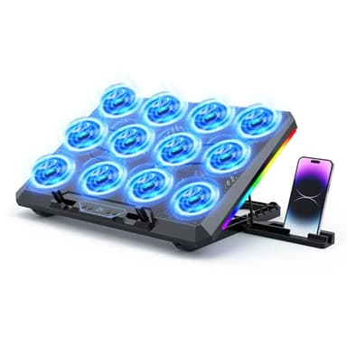 Trullypine Laptop Kühlpad für 12-17,3 Zoll, leistungsstarke 12 leise Lüfter, schnelle Kühlung, ergonomischer Notebook Cooler Ständer, 5 höhenverstellbar, 2 USB-Anschlüsse, Telefonhalter (LCD)