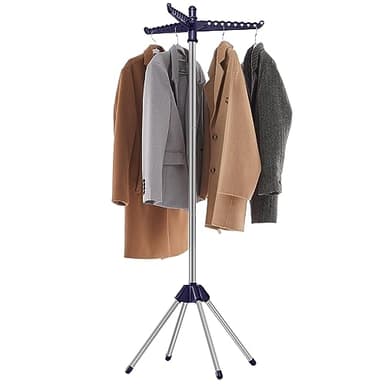 SONGMICS Wäscheständer, Standtrockner, 3 drehbare Arme für Kleiderbügel, 4 Beine, klappbar, für Innenbereich, Edelstahl, für Kleidung und Socken, 150 cm hoch, blau-silbern LLR510Q01