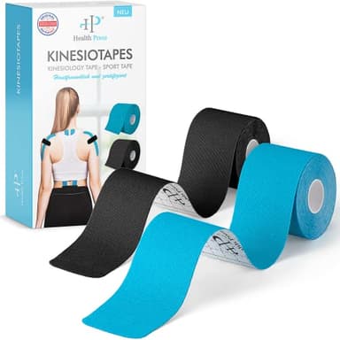 Health Press Kinesiotapes – 2 Rollen Kinesiologie Tape Sport Blau + Schwarz (5cm x 5m) – Kinesiotape – Profi Physio Tape und Sporttape – Hautfreundliche Tapes DERMATEST: SEHR GUT