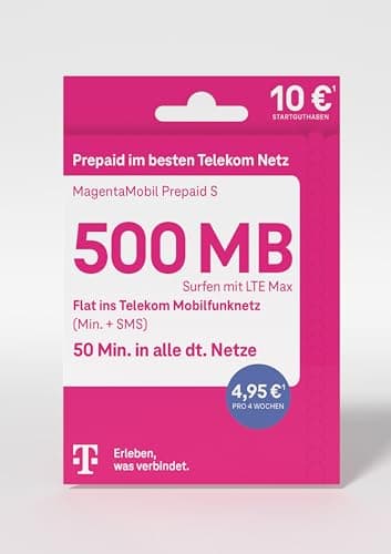 Telekom MagentaMobil Prepaid S SIM-Karte ohne Vertragsbindung I inkl. 500 MB & Flat (Min, SMS) ins Telekom Mobilfunknetz & EU-Roaming I Surfen mit LTE Max I 10 EUR Startguthaben