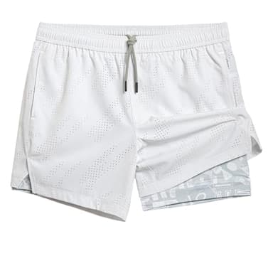 MaaMgic 2 in 1 Laufhose Herren Kurz mit Handytasche Schnelltrocknend 5" Innenlänge Sporthose Kurz mit Innenhose Sporthose für Running Fitness Workout Athletic,Weiß Muster,L