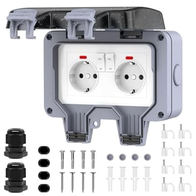Aussensteckdose Wasserdicht IP66 2 Fach Outdoor Steckdose Außensteckdose mit Schalter Kontrollleuchte, Wandsteckdose Feuchtraum Aufputz Gartensteckdose Staubdicht Wetterfest mit Klappdeckel