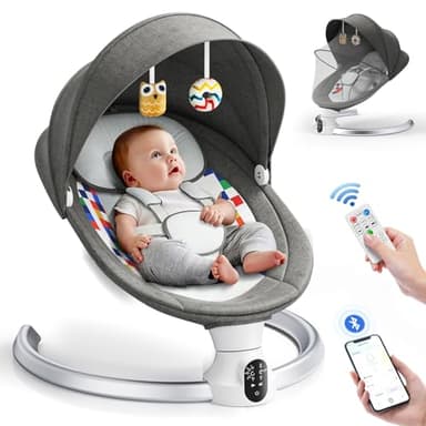 Helangel Babywippe, Babyschaukel Elektrisch mit Kabel und mit Bluetooth, Elektronisch Baby Schaukelsitz Babywippe und Liegestuhl für Kinder bis 9 kg, 3 Timer-Modi, Dunkelgrau