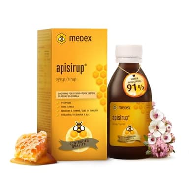 Medex Apisirup, saft mit propolis, 91% auf Honigbasis - 176 g Honig, Ausgezeichneter Geschmack, Propolis, Vitamin A, C, Malve, Thymian 140 ml