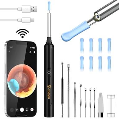 Ohrenschmalz Entferner Otoskop, VITCOCO WiFi Ohrenreiniger Kamera 5MP HD Ohr Kamera IP67 wasserdicht Ohrenspiegel 3.5mm Linse Ohr Endoskop mit 6 LEDs für iPhone, iPad und Android-Smartphones(Schwarz)