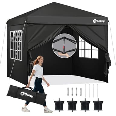 Sekey Premium Pop Up Pavillon 3x3 Wasserdicht Stabil, 3 x 3 m Pavillon mit Seitenwänden, Faltpavillon Partyzelt Faltbar für Camping Party, Höhe Verstellbar 250-270cm, (Schwarz, Mit Seitenwänden)