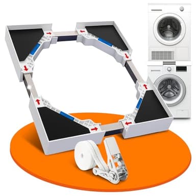 HEIMWERT Zwischenbaurahmen für Waschmaschine & Trockner | Verbindungsrahmen universal passend (45–70 cm) | mit integrierten Wasserwaagen, Anti-Rutsch & Zurrgurt | bis 500 kg belastbar (weiß)
