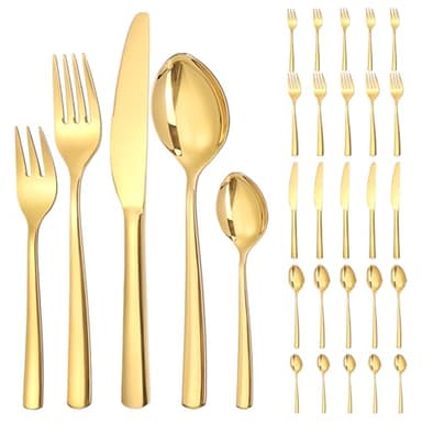 LAZAHOME Goldenes Besteck Set 6 Personen, 30 teilig Besteck Set Gold aus Edelstahl, Glänzendes Goldenes Besteckset mit Messern, Gabeln und Löffeln, hochglanzpoliert und spülmaschinenfest