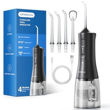 Operan Munddusche Kabellos, Tragbar Elektrische Zahndusche 4 Modi & 4 Düsen, 300ML Oral Irrigator Munddusche Testsieger für Entfernt Speisereste und Reinigt Die Zähne (Black, 1Pack)