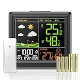 Wetterstation Funk mit Außensensor | Innen und Außen Thermometer | Hygrometer | Farbdisplay | Wettervorhersage | 3 Einstellbare Helligkeit | Batteriebetrieb und Netzbetrieb | zum Stellen/Hängen