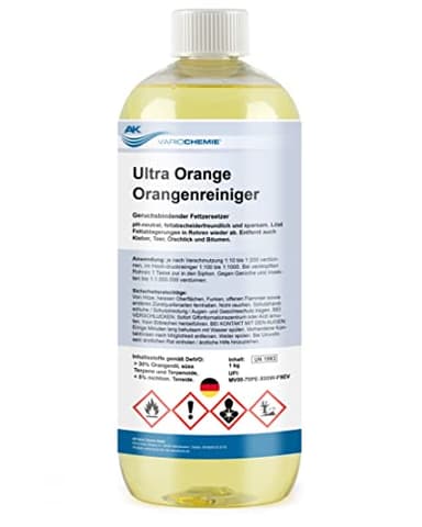 Orangenreiniger Konzentrat - ULTRA STARK - 75% Orangenterpene - 1 Liter - biologisch abbaubar - löst hartnäckigste Verschmutzungen wie Kaugummi, Kleber, Fett & Flecken - AK VARIOCHEMIE Made in Germany