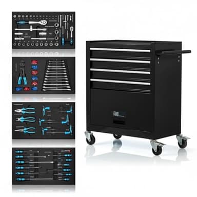 NTG Werkstattwagen inkl. Werkzeug 70 Teile - 4 Schubladen + großes Fach - Kugelgelagerte Schubladen - Transportsicherung - 2 Rollen m. Feststellbremse - Werkzeugwagen - PERFEKTE WERKSTATTORGANISATION