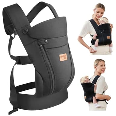 vrbabies Babytrage für Neugeborene ab Geburt,Ergonomische,mit Verstellbarer Gürtel,Baby Bauchtrage Rückentrage,Leicht＆Atmungsaktiv-4-15kg(Schwarz - mit Gürtel)