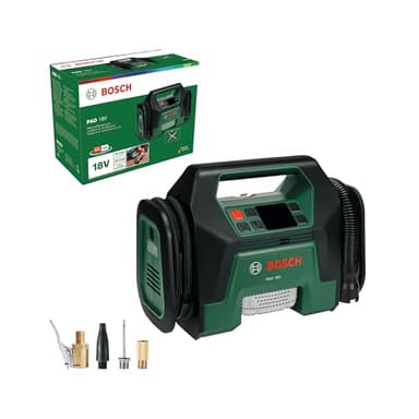 Bosch Akku-Kompressor PAO 18V (Zum Aufpumpen von Reifen bis hin zu großen Schlauchbooten; inkl. Reifenventil, Luftpumpenclip, französischem Ventil, Ballnadel, Volumenadapter)
