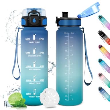 Wasserflasche 1L, Trinkflasche Auslaufsicher, Sport Wasserflasche mit Zeitmarkierung, Wasserflasche mit Filter, Kohlensäure Geeignet, Sportflasche für Fitnessstudio, Oudoor, Schule, Sprudel