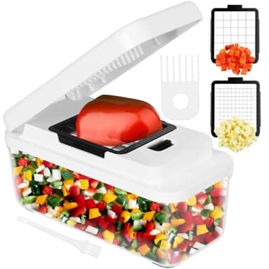 Vihoom Gemüseschneider, Zwiebelschneider, Gemüse Zerkleinerer für Schnell und Gleichmäßig Würfel, Gemüsehobel mit 2 Austauschbare Klingen für Karotte, Kartoffel, Gurke