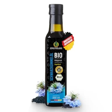 Kräuterland Bio Schwarzkümmelöl 250ml, ungefiltert, Omega Fettsäuren, ohne Zusatzstoffe, hoher Thymochinon, kaltgepresst, vegan, mild, glasflasche, mühlenfrisch aus unsrer hessischen Ölmühle