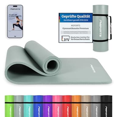 MSPORTS Gymnastikmatte Premium inkl. Tragegurt + Übungsposter + Workout App I Hautfreundliche Fitnessmatte 190 x 80 x 1,5 cm - Steingrau - Phthalatfreie Yogamatte