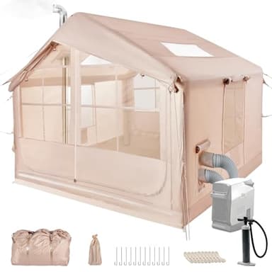 Afitdon Aufblasbares Campingzelt mit Kaminöffnung & Dachfenster, Aufblasbare Zelt für 2-10per mit Luftpumpe, Zelt Aufblasbar aus Wasserdichtem Oxford-Stoff für Jahreszeiten, Schneller Aufbau Luftzelte