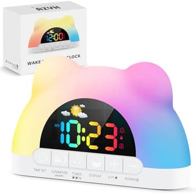Azyh Kinderwecker, Wecker Digital für Mädchen Jungen, Plug-in Schlaftrainer Wecker mit 11 RGB Farb Nachtlicht, Lernen von Schlafen und Aufwachen, White Noise, Dual Alarms, Ohne Adapter