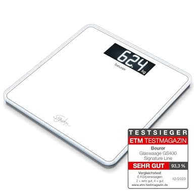 Beurer GS 400 white Signature Line Glas-/Personenwaage, mit großer Trittfläche aus super weißem Sicherheitsglas, stylischer Schwarz-Display im XL-Format und Tragkraft bis 200 kg