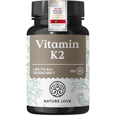 NATURE LOVE® Vitamin K2 hochdosiert - Premiumrohstoff MK7-365 Tabletten - all-trans Gehalt >99,7% MK-7 Menaquinon - vegan, laborgeprüft und in Deutschland produziert
