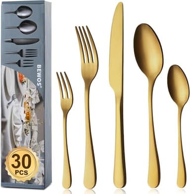 BEWOS Besteck Set für 6 Personen, 30 teilig Titanium Gold Essbesteck Set inkl. Messer, Gabel, Löffel, Besteck Edelstahl, Spülmaschinenfest (Matt Gold)