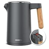 Arendo - Wasserkocher Edelstahl mit Temperatureinstellung - 45°C-100°C - 1.5 Liter - Doppelwand - BPA frei - Warmhaltefunktion - Teekocher mit Temperaturanzeige - Griff Cool Touch - Schwarz Cool Grey